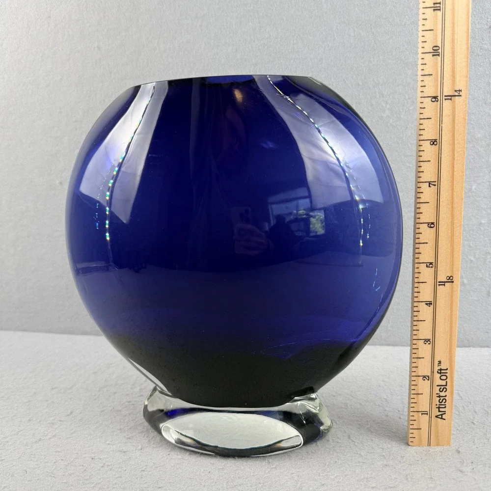 Lg Vtg Cobalt Blue Art Glass Oblique Vase 10